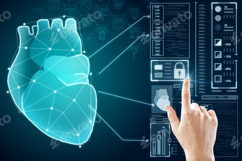 Preview: Hand Pointing At Creative Glowing Blue Digital Heart Futuristic Interface Hologram On Dark