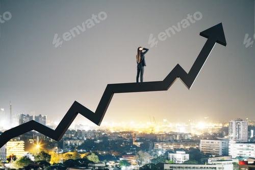 Preview: Businesswoman Standing On Stock Black Arrow On A City Background. Success And Startup Concept.