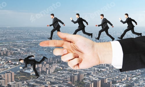 Preview: Businessmen Running Off Hand On Abstract City Wallpaper. Risk Concept