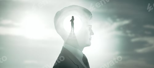 Preview: Businessman In Suit Thinking About Businesswoman On Abstract Sky Background With Mock Up Place