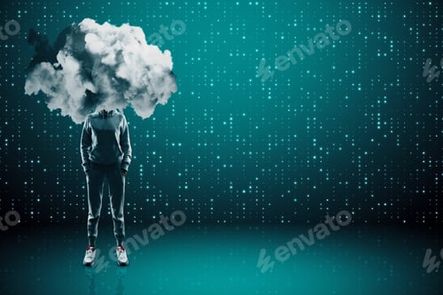 Preview: Cloud Headed Hacker On Blue Background. Cloud Computing And Data Concept