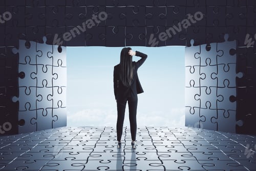 Preview: Back View Of Young Businesswoman Looking Out Of Puzzle Interior With Sky View. Challenge And