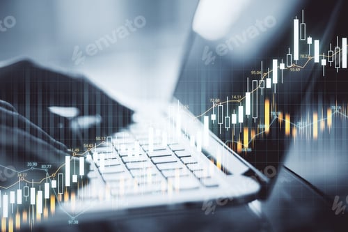 Preview: Hand Of Businessman Typing On Keyboard Laptop With Business Chart And Marketing Trade. Finance And