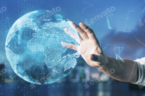 Preview: Hand Using Glowing Social Network Infograph. Business And Communication Concept.