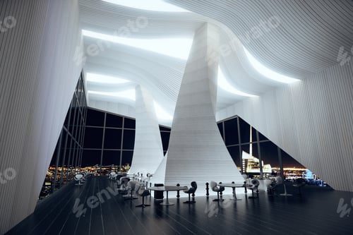 Preview: Modern Restaurant Hall With Abstract Interior, Wooden Floor, Big Windows And Night City View 3D