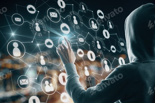 Preview: Hacker Hand Using Creative Social Network Interface On Dark Blurry City Background. Media, Hr And