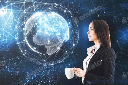 Preview: Businesswoman With Polygonal Globe Standing On Blurry Blue Background. Global Business And Network
