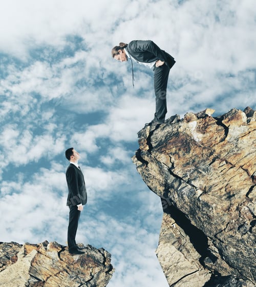 Preview: Two Businessmen On Different Cliff Levels Looking At Each Other. Supervision And Boss Concept