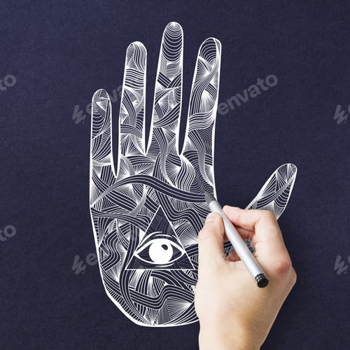 Preview: Creative Esoteric Mandala Hand With Eye Drawing On Blue Background. Oriental Ornament And Hinduism