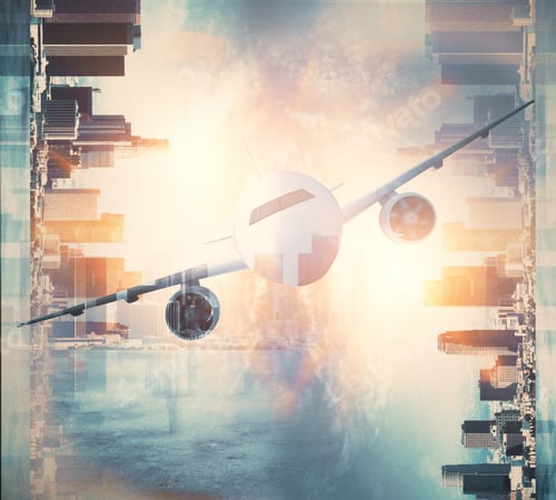 Preview: Airplane On Abstract City Background. Travel And Vacation Concept. Double Exposure