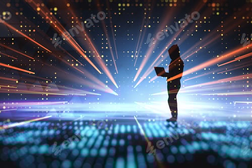 Preview: Hacking In Cyberspace Concept With Hacker With Laptop Silhouette On Abstract Technology Background