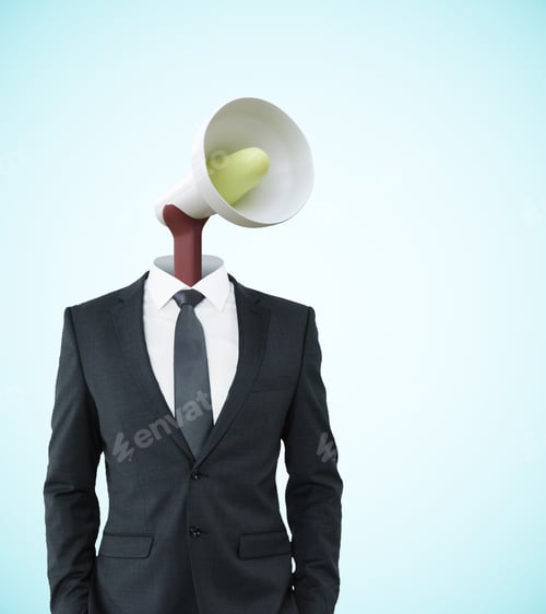 Preview: Loud Speaker Headed Businessman On Blue Background. Communication, Voice And Power Concept