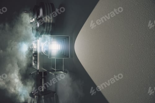 Preview: Vintage Movie Camera In The Fog And Grey Wall 3D Render