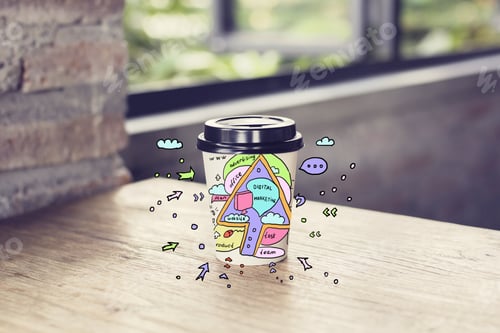 Preview: Take Away Coffee Cup With Creative Digital Marketing Sketch On Wooden Table