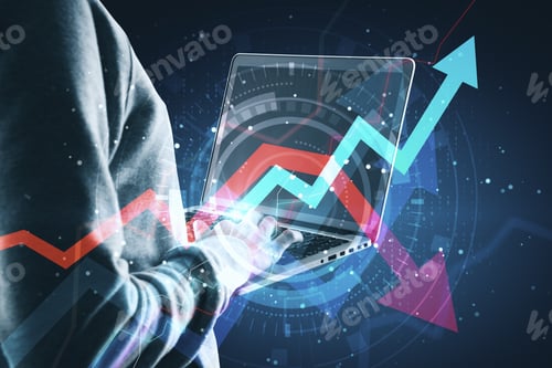 Preview: Hacker Using Laptop With Digital Arrows. Economy And Theft Concept. Double Exposure