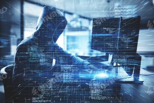 Preview: Hacker At Desktop Using Computer With Creative Glowing Coding Big Data Interface On Dark Interior