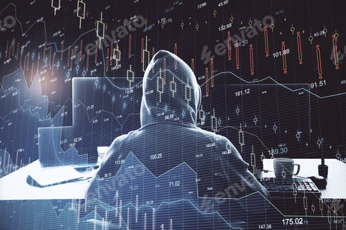 Preview: Hacker Using Computer With Recession Stock Chart On Screen Interface. Trade And Finance Depression