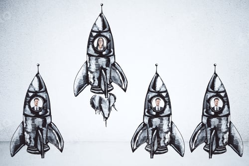 Preview: Creative Rocket Sketch With Businesspeople On Concrete Wall Background. Startup And Team Concept