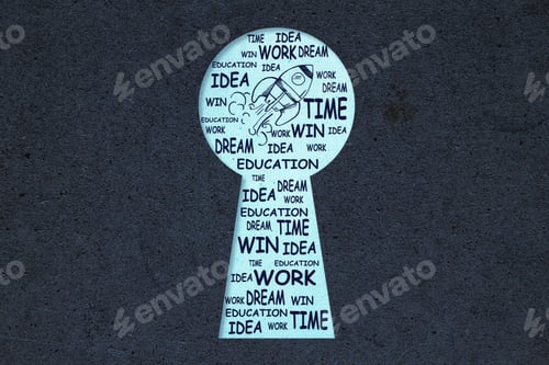 Preview: Creative Keyhole With Drawn Business Sketch On Concrete Background. Opportunity And Startup Concept