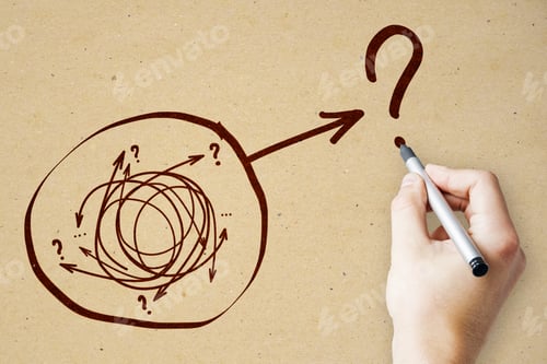 Preview: Solution And Ask Concept. Hand Drawing Creative Arrow Doodle On Subtle Paper Background