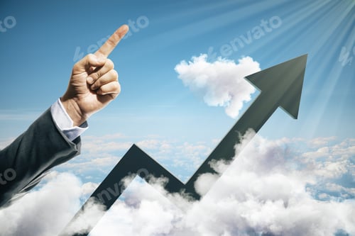 Preview: Businessman Hand Points Up And Black Growing Arrow On Blue Sky Background. Success And Startup