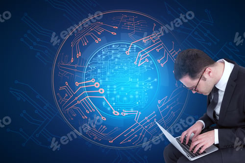 Preview: Attractive Young European Businessman Using Laptop With Abstract Glowing Digital Circuit Sphere On