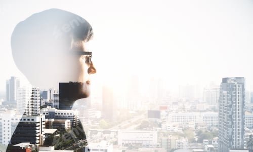 Preview: Young Silhouette Businessman Hand On Modern City Background. Success And Research Concept. Double