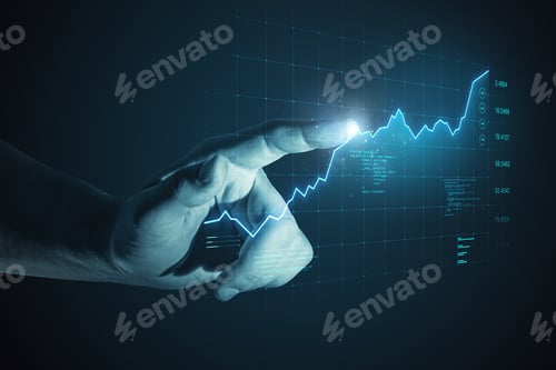 Preview: Close Up Of Business Man Hand Pointing At Glowing Digital Business Chart Grid. Success, Money