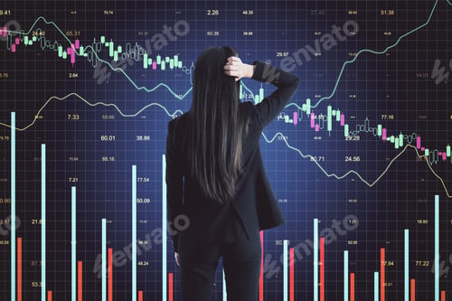 Preview: Pencive Businesswoman Looking On Glowing Stock Analytics On Virtual Screen. Global Business And