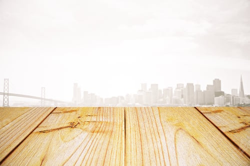 Preview: Empty Light Wooden Surface On Misty City Background. Mock Up, 3D Rendering