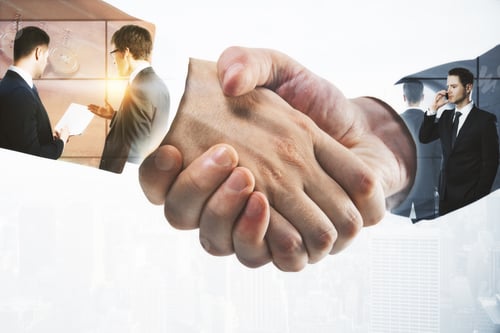 Preview: Double Exposure With Businessmen Handshake And Different Businessmen Illustrations At Abstract