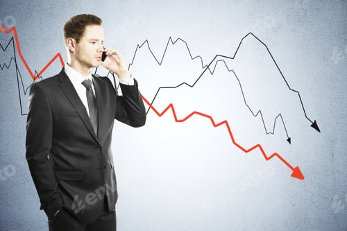 Preview: Businessman Talking On Smart Phone And Looking On Economic Crisis Stock Charts On Virtual Screen