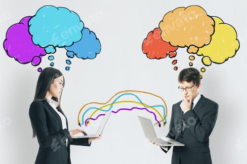 Preview: Attractive Young Businesspeople Working With Bubble Talk. Success And Motivation Concept