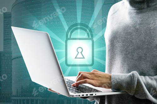 Preview: Close Up Of Hacker Hand Using Laptop With Glowing Padlock On Coding City Background. Digital