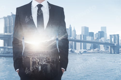 Preview: Front View Of Young Businessman On City Background With Copy Space And Forex Chart. Profit Concept