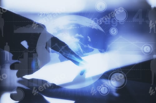 Preview: Businessman Using Tablet On Stock Chart Background. Technology Concept. Double Exposure