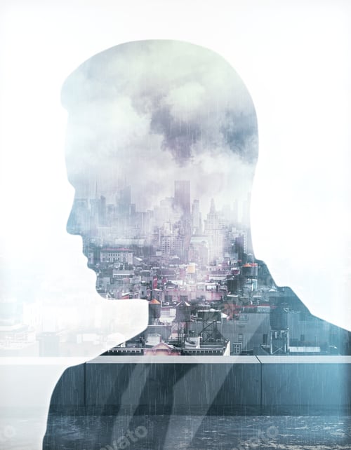 Preview: Thoughtful Businessman Silhouette On Stormy City Background. Research Concept. Double Exposure