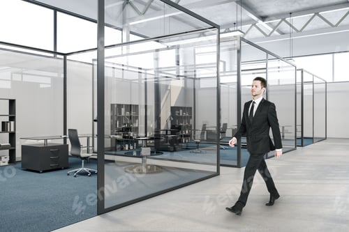 Preview: Businessman Walking In Glass Boardroom With Document In Shelf. Occupation And Worker Concept.