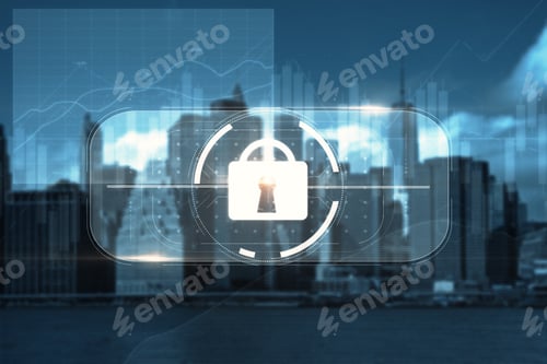 Preview: Abstract Digital Padlock Button On City Background. Login Concept. Double Exposure