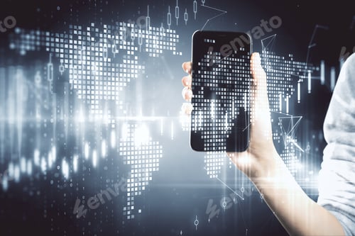 Preview: Hand Holding Smartphone With Glowing Global Stock Statistics. Analytics And Trade Concept