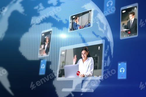 Preview: Abstract Globe Map With Computer Screens And Creative Video Conference Call Between Attractive