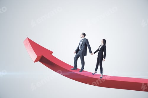Preview: Businessman And Businesswoman Walking On Red Arrow On Gray Background. Success And Startup Concept.