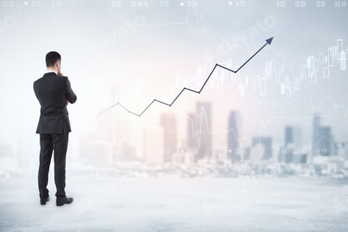 Preview: Unrecognizable Businessman Standing On Abstract City Background With Digital Arrows. Growth And