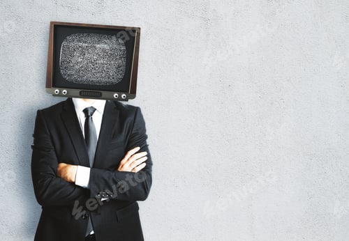 Preview: Tv Headed Man With Folded Arms Standing On Concrete Wall Background. Mock Up