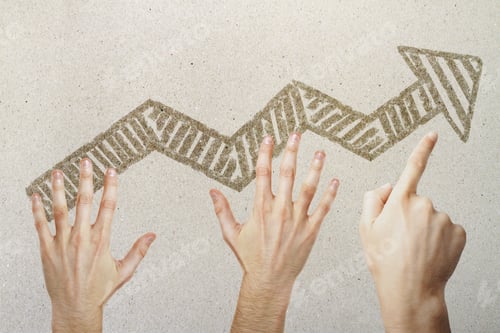 Preview: Hands Pointing At Abstract Drawn Arrow Sketch On Concrete Background. Promotion Concept