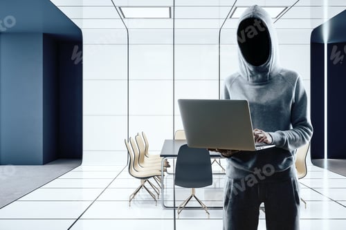 Preview: Haker Witn Laptop Standing In Futuristic Conference Room Interior