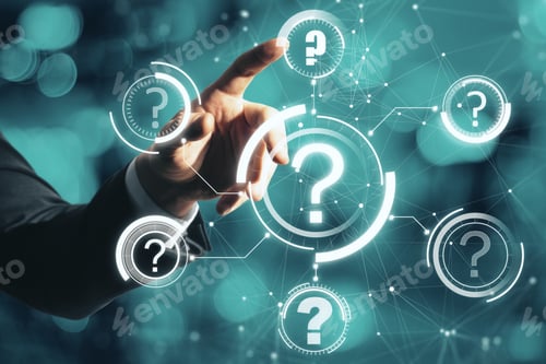 Preview: Close Up Of Man Hand Pointing At Abstract Glowing Question Marks Interface On Blurry Bokeh