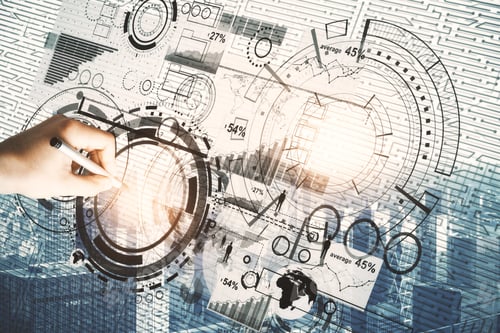 Preview: Hand Drawing Abstract Digital Business Projection On Bright City Background. Technology, Infograph