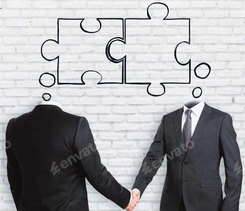 Preview: Businessmen Shaking Hands On Brick Wall Background With Joint Puzzle Sketch. Teamwork And Success