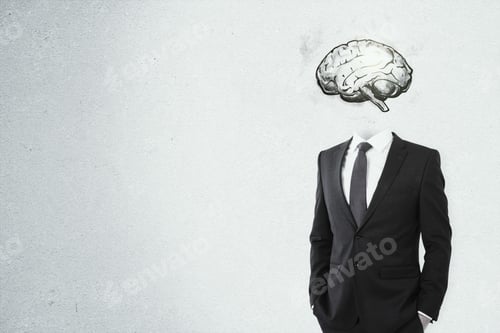Preview: Brain Headed Businessman Standing On Dark Background With Copy Space. Brainstorm And Mind Concept